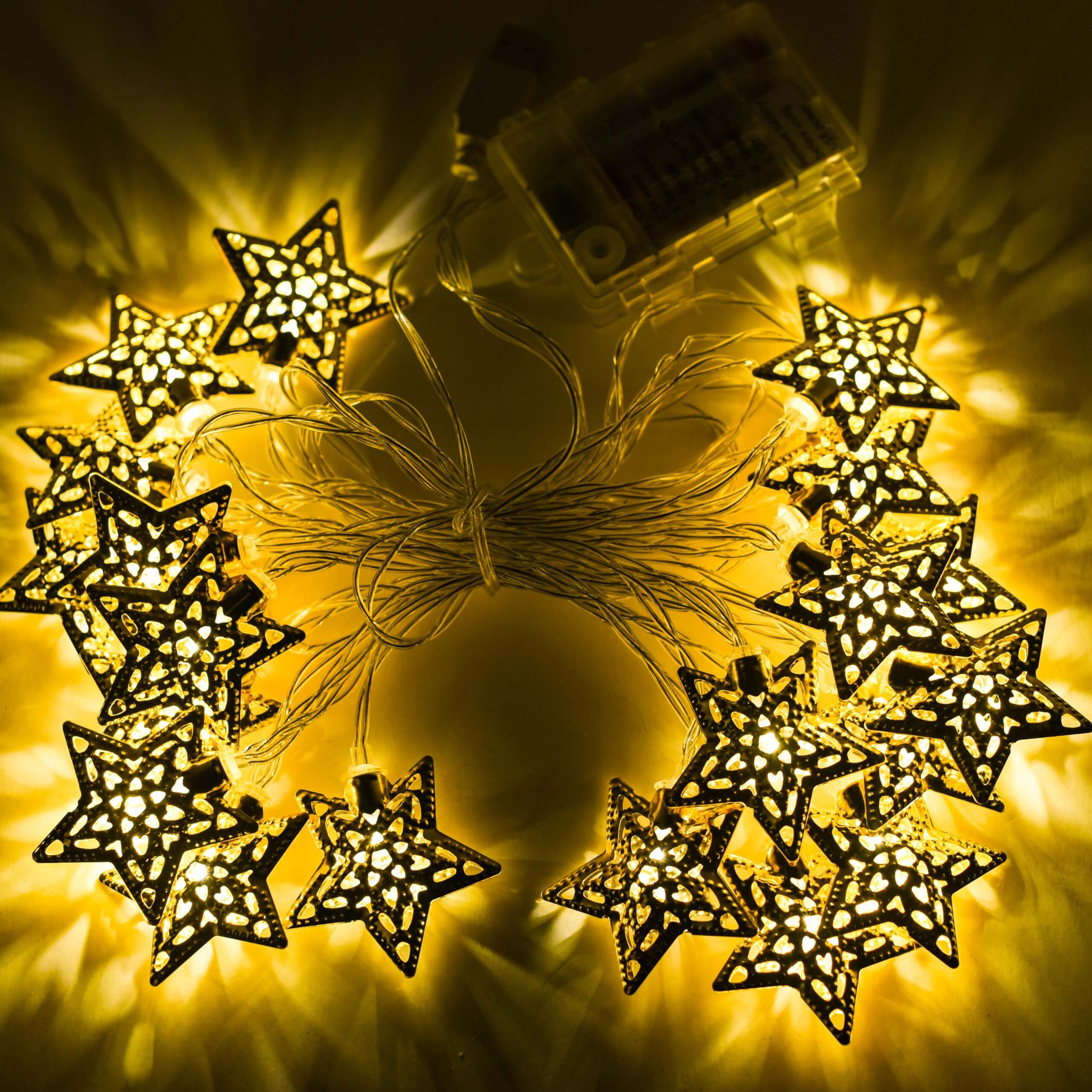 TMsGift Daily EID Ramadan metal String light decoration cheap-24 Star Premium 15 ft LED String Moon Star Eid Ramadan Decoration Night Light with Remote - Image 1